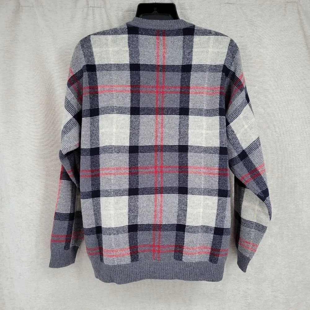 Nautica Vintage Wool V-Neck Navy Gray Red Windowpane Plaid Sweater Men's Large